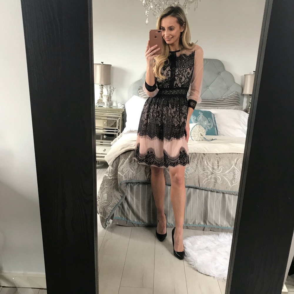 Long Sleeve Elegant Black and Blush Lace Dress - Picture 3 of 8